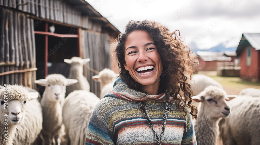 A woman in a gray alpaca sweater, joyfully frames her face with her hands in a rustic South American village. - obrazy, fototapety, plakaty 