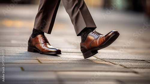 Close-up of a businessman's feet in elegant brown shoes taking a step on a city street photo