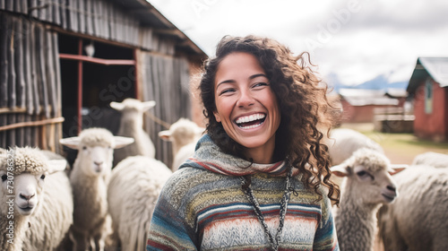 A woman in a gray alpaca sweater, joyfully frames her face with her hands in a rustic South American village. photo