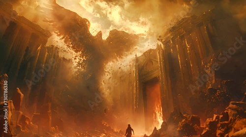 Dark fantasy heaven gate guarded by a colossal angel