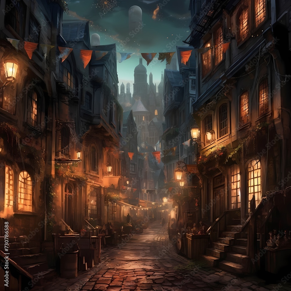 Enchanted Medieval Street at Night
