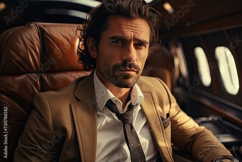 Businessman flying on his private jet. concept of a successful businessman. Travel and businessman trip photo
