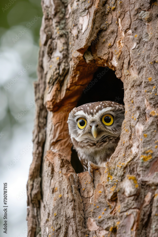 Secretive Owl: Camouflaged Peek from Ancient Tree Secretive Owl: Camouflaged Peek from Ancient Tree