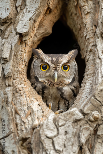 Secretive Owl: Camouflaged Peek from Ancient Tree