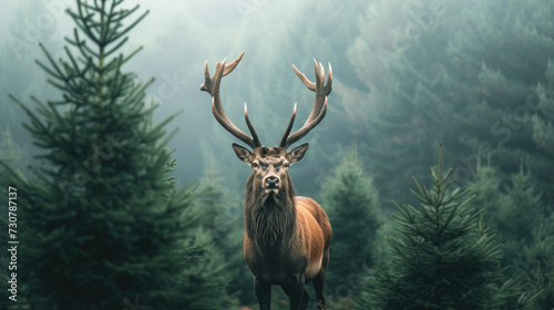Forest Monarch: Majestic Stag in Misty Woods © romanets_v