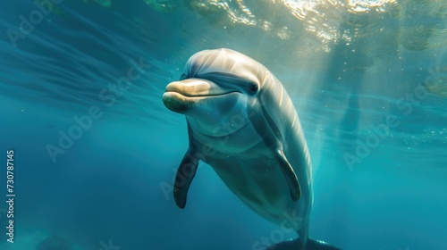 Joyful Dolphin: Aquatic Playtime in the Blue Sea © romanets_v