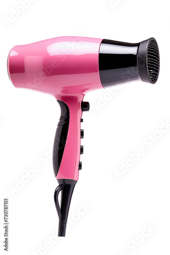 A pink and black hair dryer is displayed on a white background, showcasing its sleek design and functionality.
