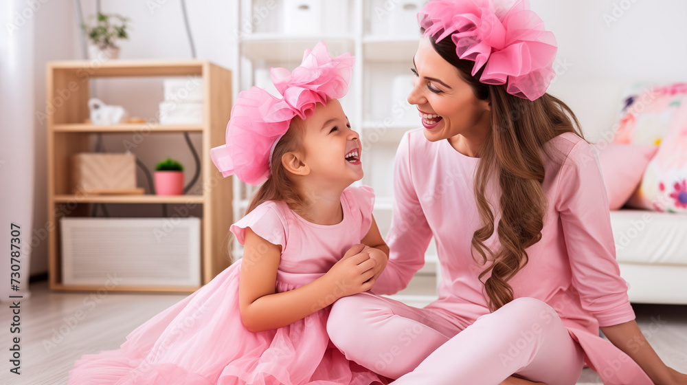 Happy mother and daughter in pink playing dress up at home Happy mother and daughter in pink playing dress up at home