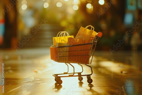 Shopping cart and bags in golden yellow color. Generate AI image