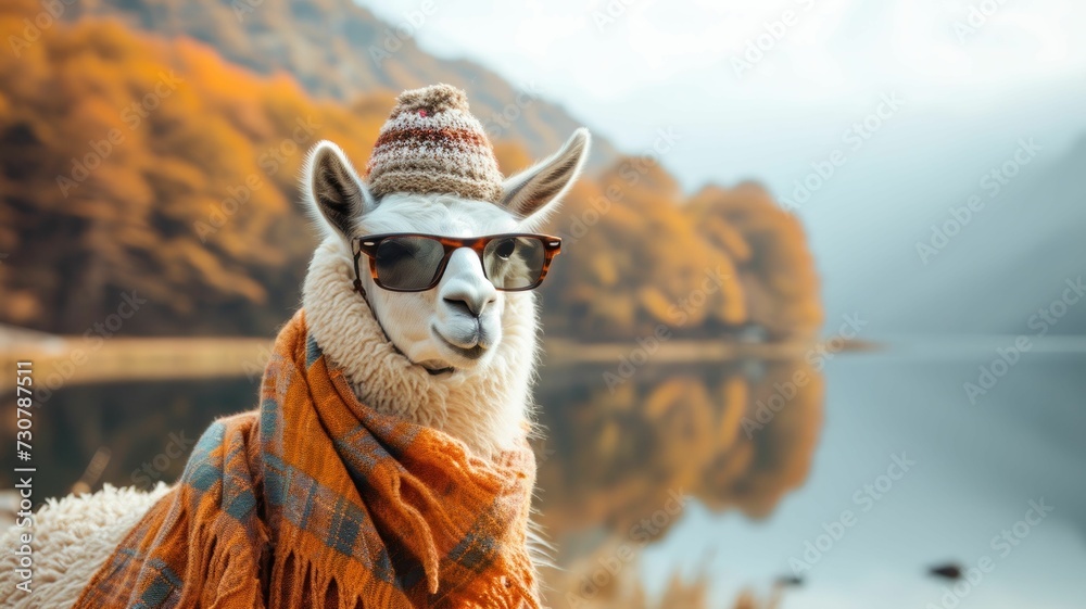Naklejka premium llama promoting sustainable fashion, wearing eco-friendly accessories in a scenic countryside