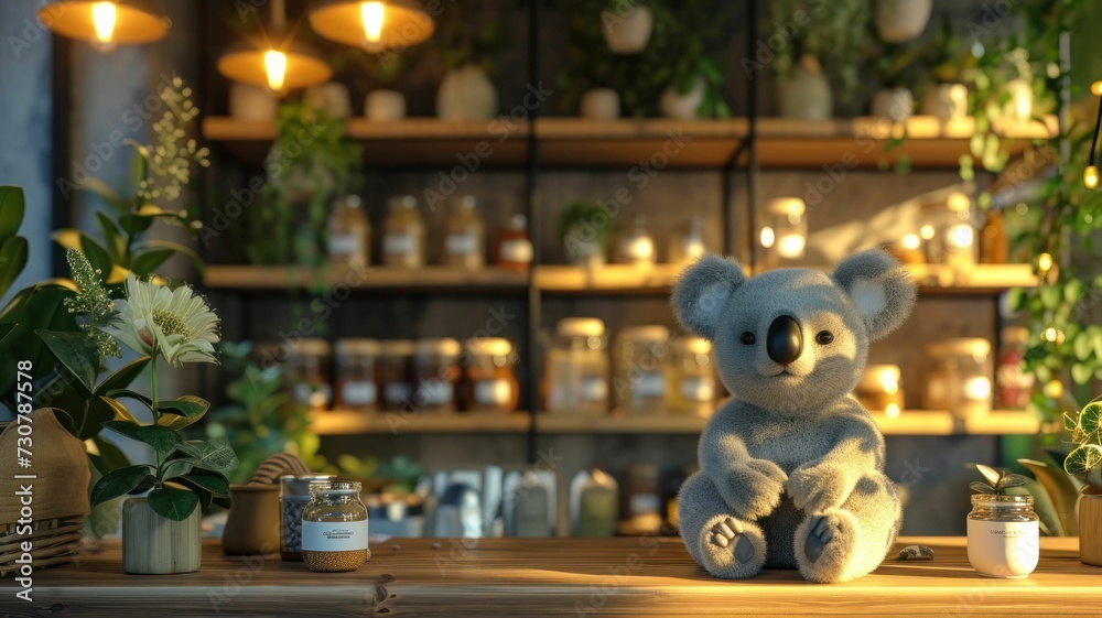 Serene Café Scene with a Koala Introducing Herbal Tea Varieties Serene Café Scene with a Koala Introducing Herbal Tea Varieties