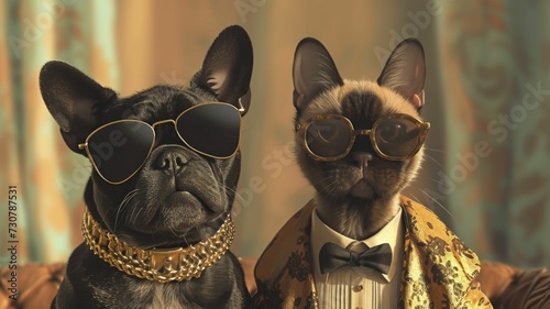 dog and cat duo as fashion influencers, walking a glamorous runway in the latest pet fashion trends photo