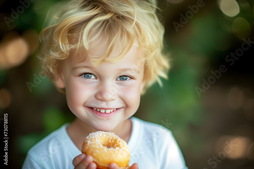 Photo of small boy happy with donuts