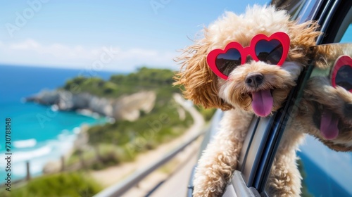 Happy Dog with Heart-Shaped Sunglasses Enjoying a Car Ride © romanets_v