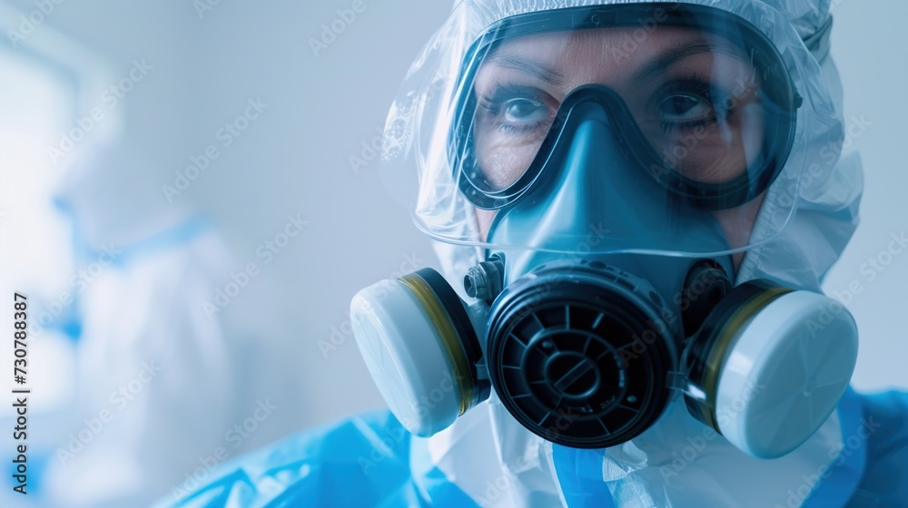 A medical doctor or pharmaceutical room lab worker with in the digital age. Full face respirator gas mask A medical doctor or pharmaceutical room lab worker with in the digital age. Full face respirator gas mask
