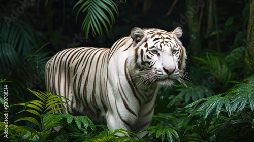 Majestic White Tiger with Black Stripes Standing in Lush Greenery © romanets_v