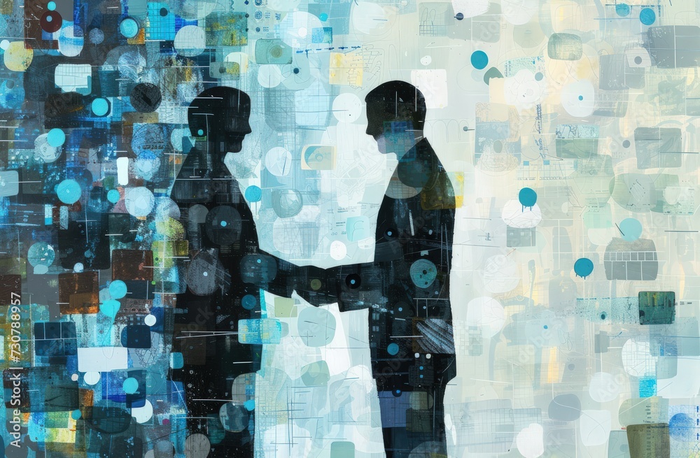 Two business people shaking hands with futuristic background concept. Generate AI image Two business people shaking hands with futuristic background concept. Generate AI image