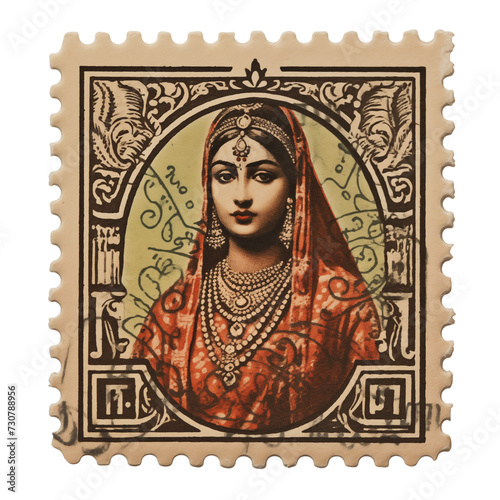 Vintage Postal Stamp, India, retro artwork style, Isolated transparent on white background, PNG