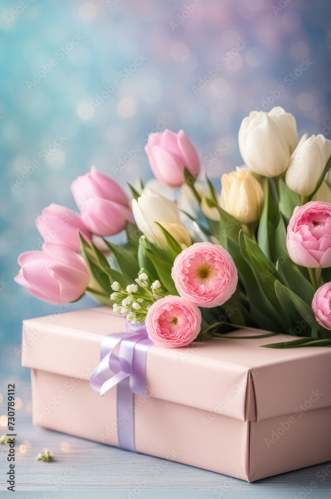 Pastel Tulips and Gift Box with Ribbon