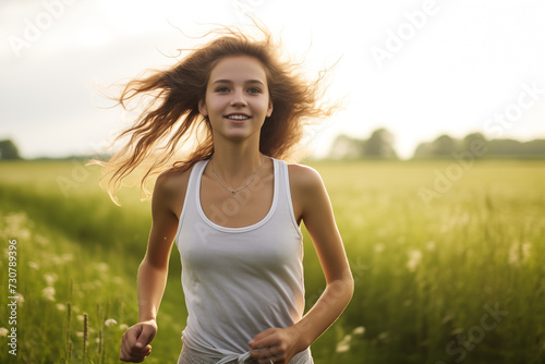 Young girl running gracefully in a cultivated field photo