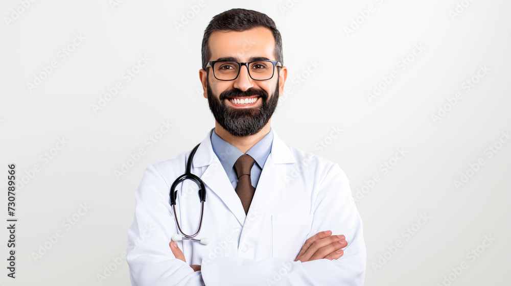 Friendly Middle Eastern physician with a beard, standing confidently with arms crossed, on a neutral white background Friendly Middle Eastern physician with a beard, standing confidently with arms crossed, on a neutral white background