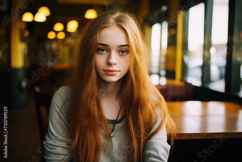 Serious young woman sitting attentively in an empty restaurant.