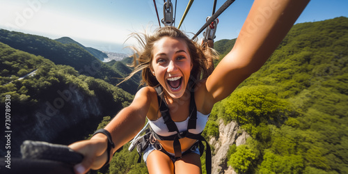 Woman bungee jumping in wild forest landscape. photo