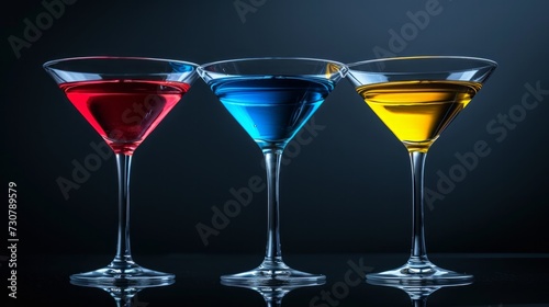 Three different colored cocktails next to each other