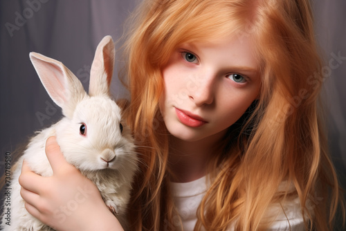 Redheaded child holding a cute little rabbit tenderly.