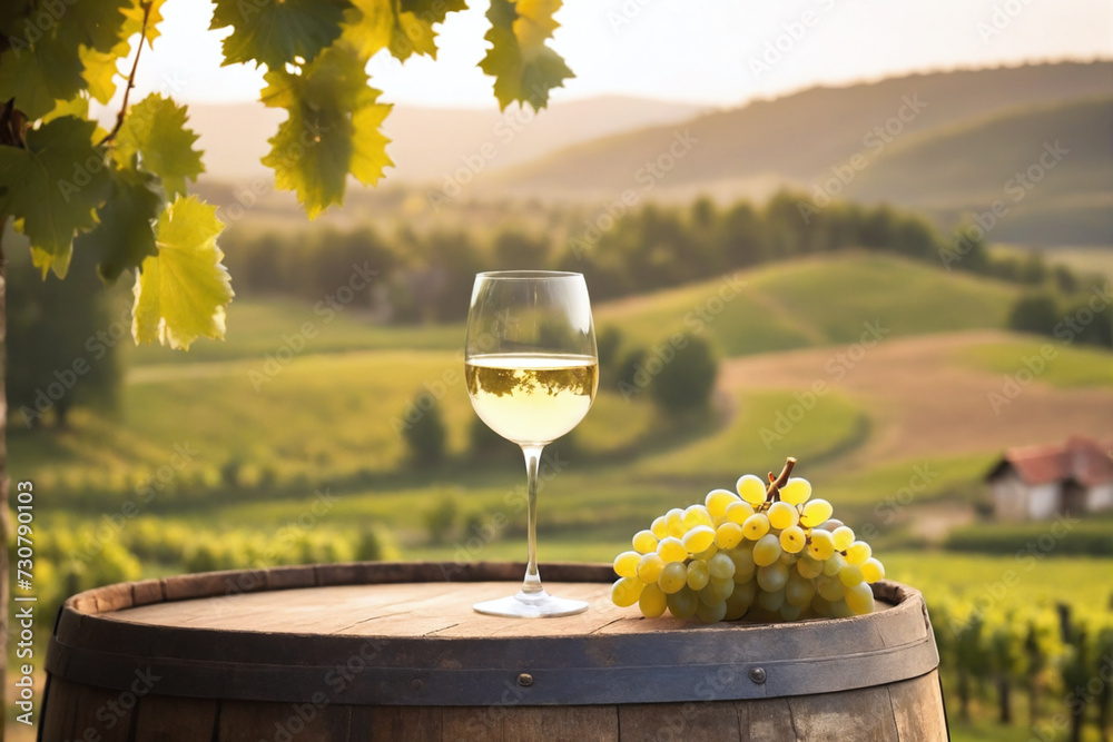 Glass of white wine on a barrel in the countryside, warm light