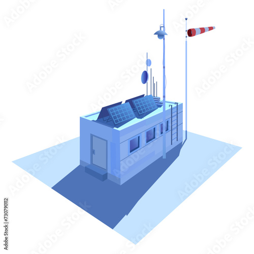 Meteorology weather station house desing. Science, technology, environment and ecology vector illustration. Solar and wind enegry. Day with sunshine and sunlight. Winter and snowy landscape