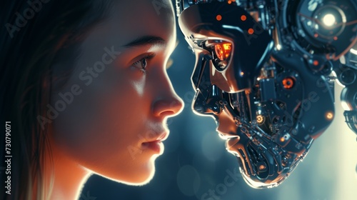 Woman confronting AI robot, close-up image photo