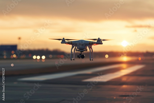 Drone with camera in the sky near an airport, concept of strict no-fly zones, the restrictions and regulations for quadcopter flying, rules for drone pilots photo