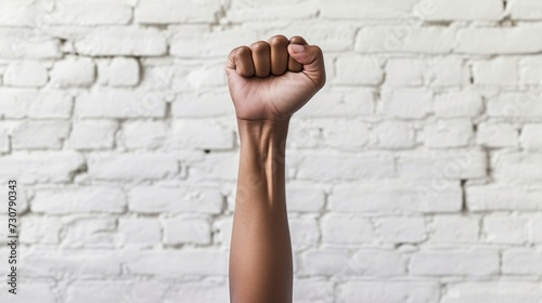 a fist raised upwards isolated in a white brick background.