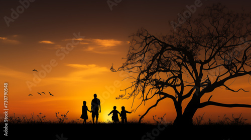 The silhouette of the family against a sunset, with a focus on the tree branch above, adding a sense of shelter and the cycle of life
