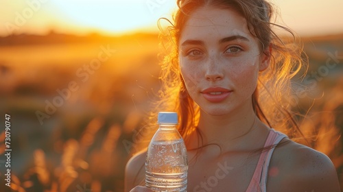 Female runner with water, fitness and exercise after training in nature. Exercise, hiking and walking challenge with a water bottle of a female runner in summer ready to run.