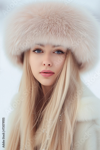 Portrait of beautiful woman in white winter fur hat