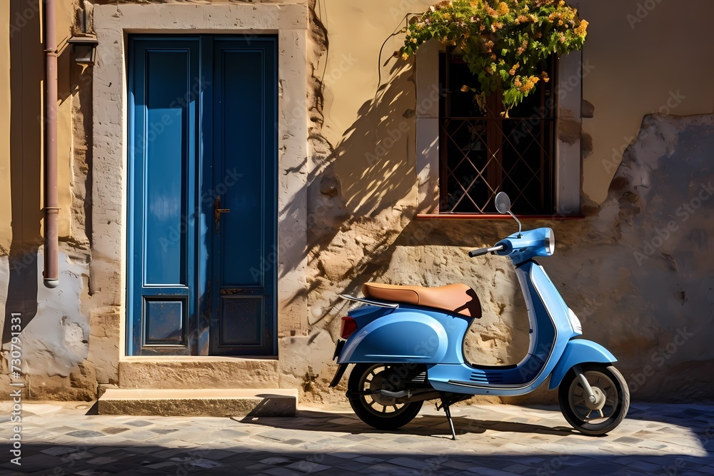 Idyllic scene of a small blue scooter parked on a sunlit street corner in an Italian village, showcasing the simplicity and beauty of everyday life