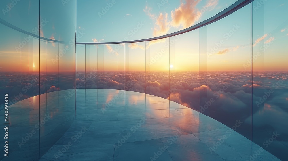 Reflection of clouds in curve glass office building. 3D rendering.