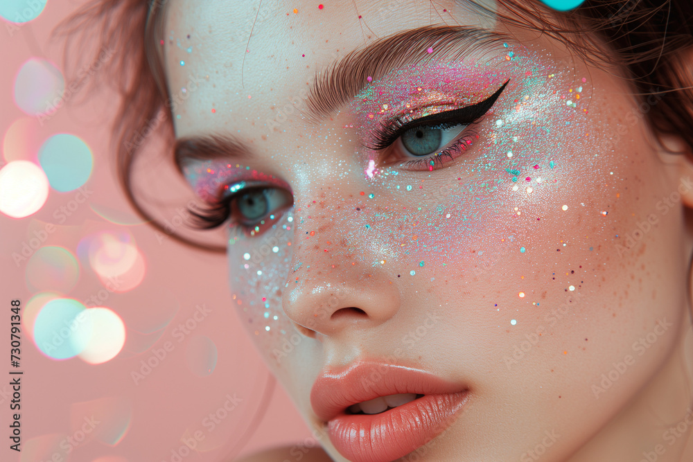 Close up view of a beautiful woman with glitter and lights on her face