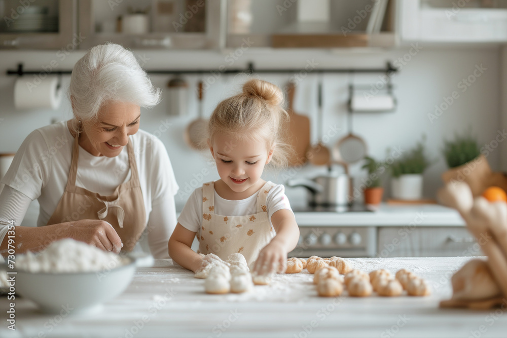 Happy grandmother with granddaughters baking buns on a table in the kitchen Happy grandmother with granddaughters baking buns on a table in the kitchen