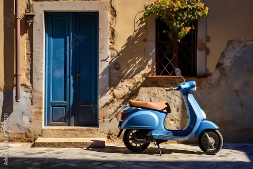 Idyllic scene of a small blue scooter parked on a sunlit street corner in an Italian village, showcasing the simplicity and beauty of everyday life