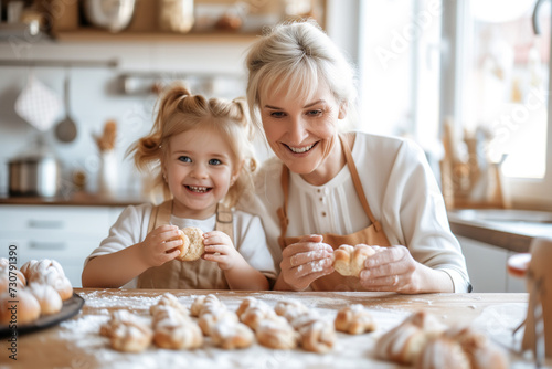 Happy grandmother with granddaughters baking buns on a  table in the kitchen