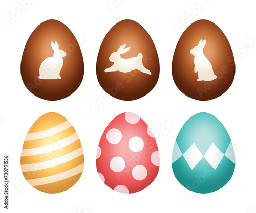 Easter eggs vector illustration in 3d realistic style. Classic cute pastel color chocolate egg with bunny or rabbit silhouette isolated on white background.