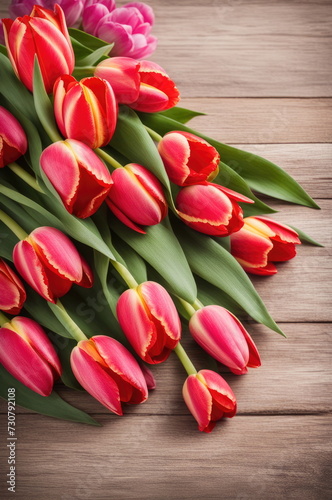 Colorful Tulips on Dark Wood Background