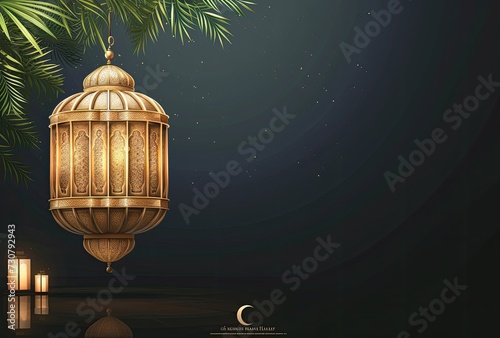 Vibrant hues dance within the ornate Arabic lantern, casting a luminous glow on the dark background, extending heartfelt greetings for Ramadan and Eid. photo