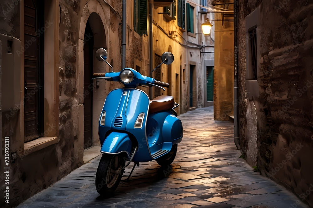 Fototapeta premium Inviting scene of a blue scooter casually parked in a narrow alley of an Italian town, with charming buildings creating a warm and welcoming atmosphere