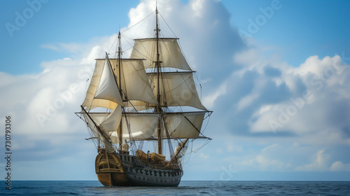 Sailing ship in the sea on a background of blue sky.