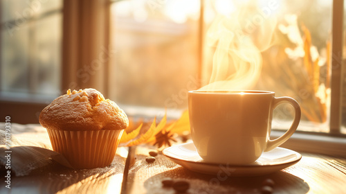 A cup of steaming coffee and a delicious muffin on a table.