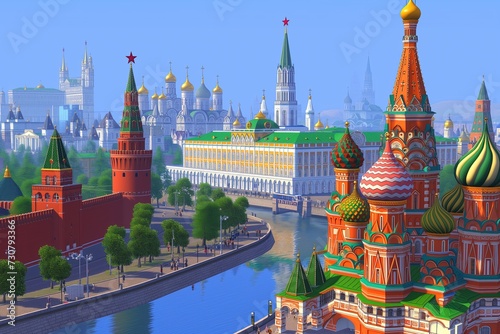 Game map. Church. Cartoon Moscow city scene. Gameplay. Game design. A capital of Russia. Red Square. Animated Moscow, Russian capital. Kremlin. Cathedral. Temple. Travel. Brick tower. Landmark photo